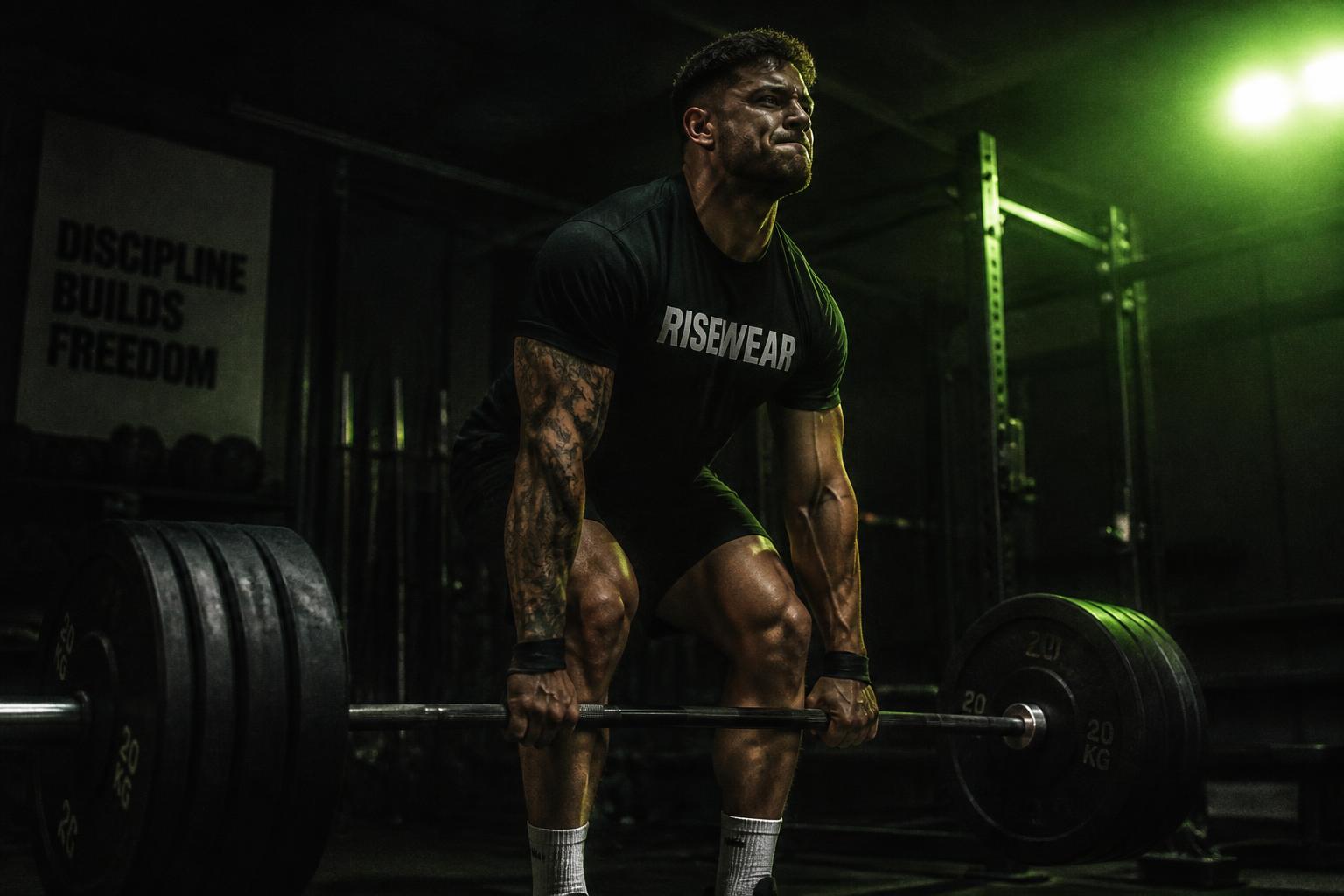 Athlete lifting in a dark gym